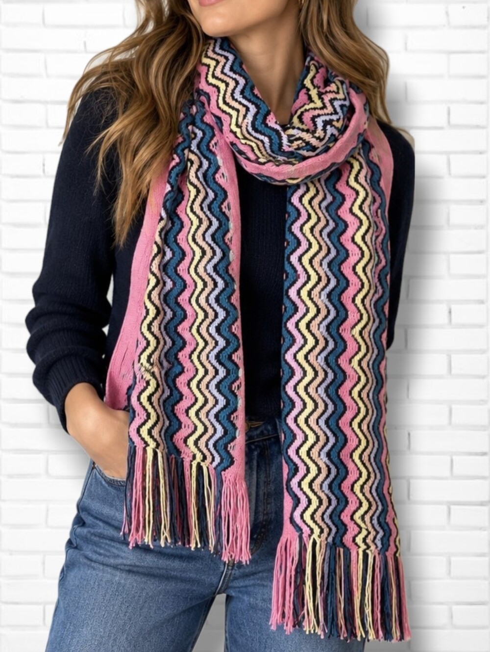 NEW! Missoni Multicolour Zigzag Knit Pink Chevron Fringe Wool Blend Scarf